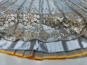 Glamorous Grey Zari with paper mirror Embroidered Net fabric lehenga choli 4