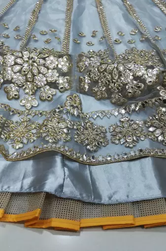 Glamorous Grey Zari with paper mirror Embroidered Net fabric lehenga choli