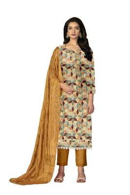 Women's hand work designer print with embroidered dupatta cambric cotton dress material 1