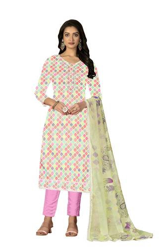 Women's multi unstitched hand work designer border with printed dupatta cambric cotton dress material (m-msmfc11267b)
