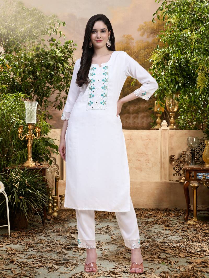 Trendmalls White Cotton Embroidery Kurta Pant with Dupatta Salwar Suit 3 Piece Set
