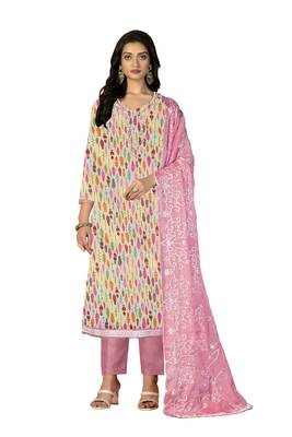 Women's multi hand work, heavy border and embroidered dupatta glass cotton dress material 1