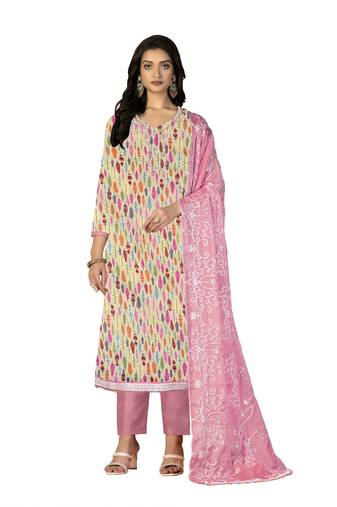 Women's multi unstitched hand work, heavy border and embroidered dupatta glass cotton dress material (m-msmfc11264d)
