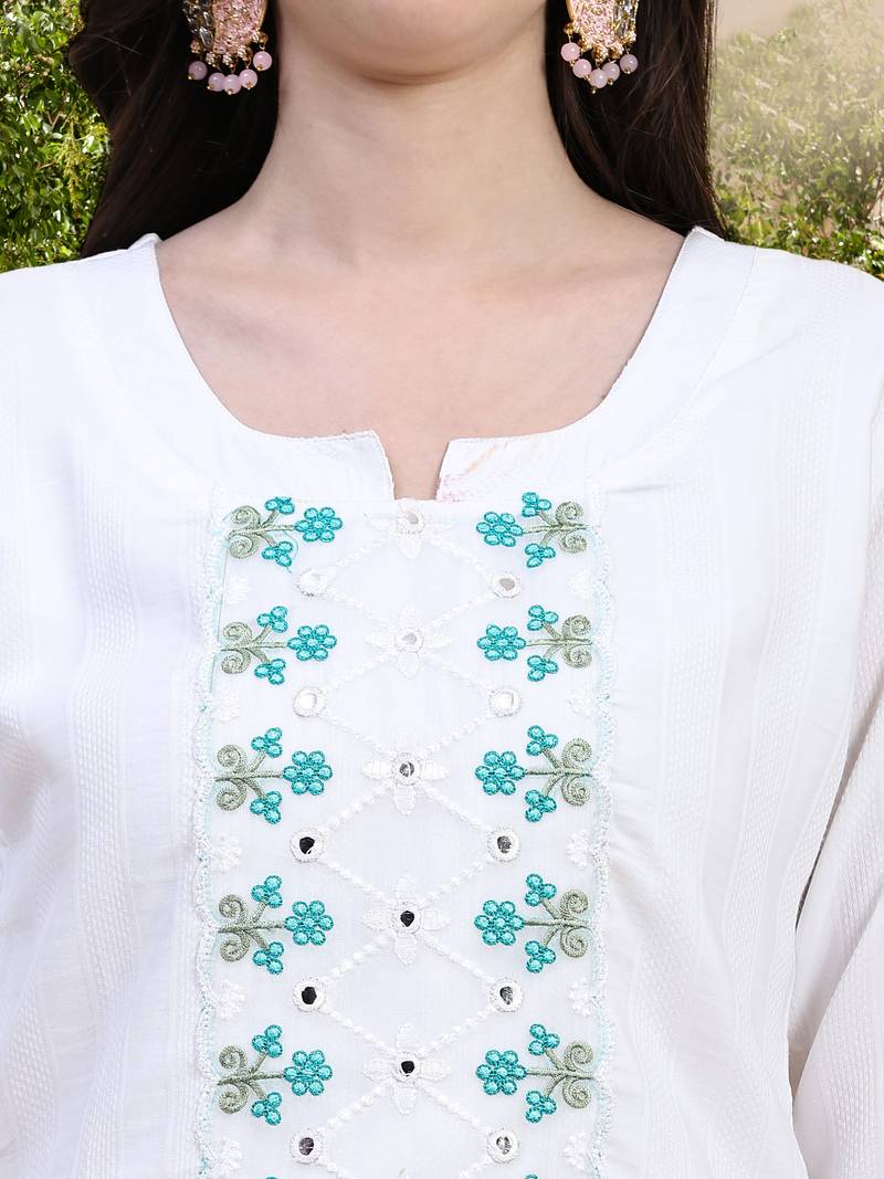 Trendmalls White Cotton Embroidery Kurta Pant with Dupatta Salwar Suit 3 Piece Set