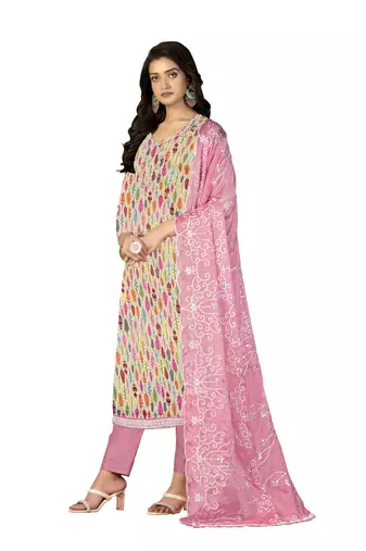 Women's multi hand work, heavy border and embroidered dupatta glass cotton dress material