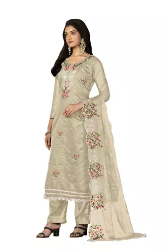Women's grey multi thread embroidery with embroidered dupatta modal chanderi dress material