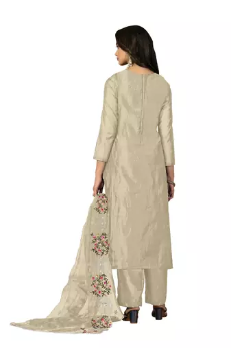 Women's grey multi thread embroidery with embroidered dupatta modal chanderi dress material