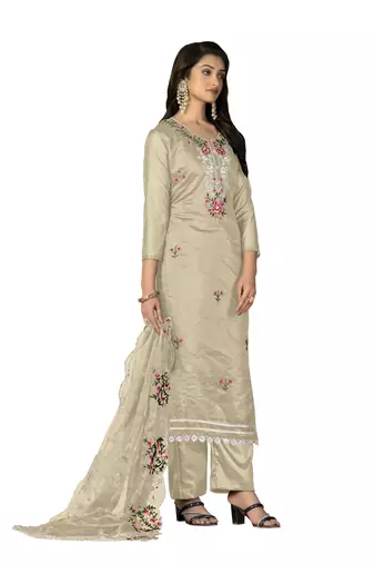 Women's grey multi thread embroidery with embroidered dupatta modal chanderi dress material