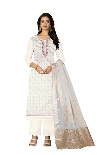 Women's off white unstitched hand work with organza banarasi dupatta modal silk dress material (m-msmfc11272b)