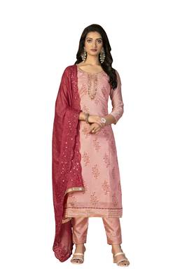 Women's peach unstitched hand work, heavy border with embroidered dupatta modal cotton dress material (m-msmfc11266a) 1
