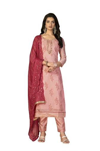 Women's peach unstitched hand work, heavy border with embroidered dupatta modal cotton dress material (m-msmfc11266a)