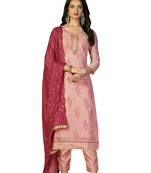 Women's peach unstitched hand work, heavy border with embroidered dupatta modal cotton dress material (m-msmfc11266a)