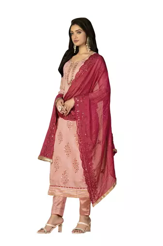 Women's peach unstitched hand work, heavy border with embroidered dupatta modal cotton dress material (m-msmfc11266a)