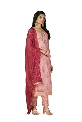Women's peach unstitched hand work, heavy border with embroidered dupatta modal cotton dress material (m-msmfc11266a) 4