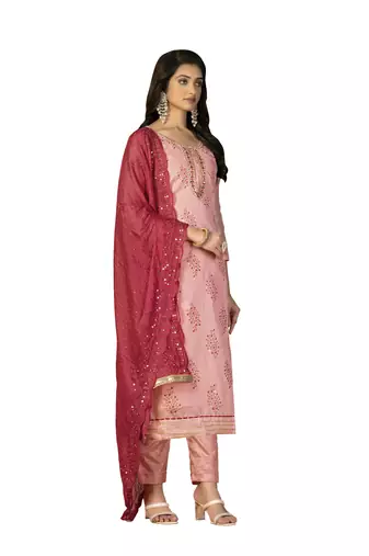 Women's peach unstitched hand work, heavy border with embroidered dupatta modal cotton dress material (m-msmfc11266a)