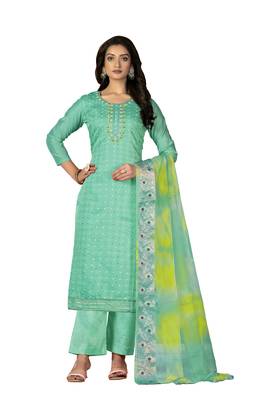 Women's sea green hand work with bandhani dupatta modal cotton jacquard dress material 1
