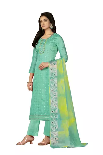 Women's sea green hand work with bandhani dupatta modal cotton jacquard dress material