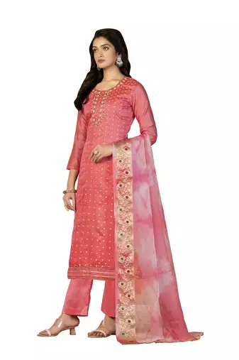 Women's pink hand work with bandhani printed dupatta modal cotton jacquard dress material
