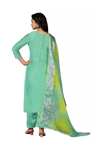 Women's sea green hand work with bandhani dupatta modal cotton jacquard dress material