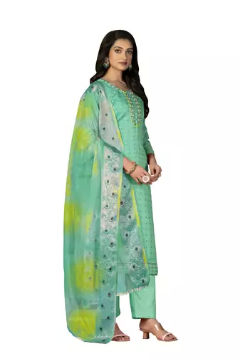 Women's sea green hand work with bandhani dupatta modal cotton jacquard dress material