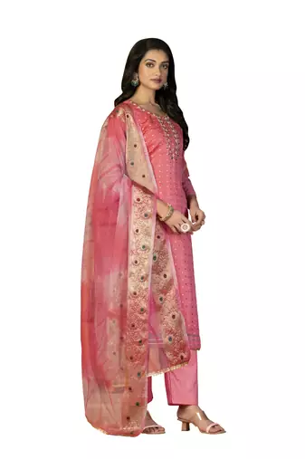 Women's pink hand work with bandhani printed dupatta modal cotton jacquard dress material