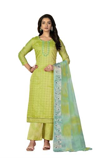Women's green unstitched hand work with bandhani printed dupatta modal cotton jacquard dress material (m-msmfc11265a)