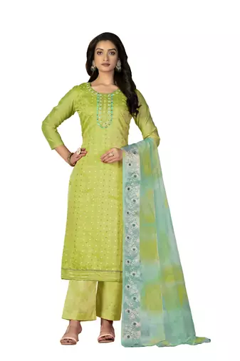 Women's green unstitched hand work with bandhani printed dupatta modal cotton jacquard dress material (m-msmfc11265a)