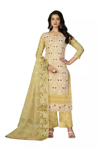 Women's yellow unstitched heavy chain embroidery with embroidered dupatta modal silk dress material (m-msmfc11270a)