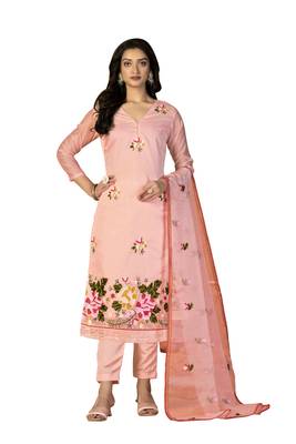 Women's peach heavy chain embroidery with embroidered dupatta modal silk dress material 1