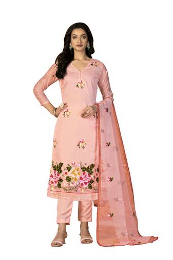 Women's peach unstitched heavy chain embroidery with embroidered dupatta modal silk dress material (m-msmfc11268d)