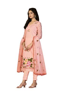Women's peach heavy chain embroidery with embroidered dupatta modal silk dress material 2
