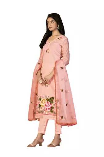 Women's peach heavy chain embroidery with embroidered dupatta modal silk dress material