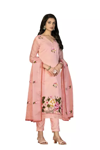 Women's peach heavy chain embroidery with embroidered dupatta modal silk dress material