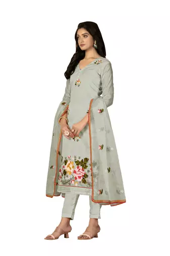 Women's light green heavy embroidery with embroidered dupatta modal silk dress material