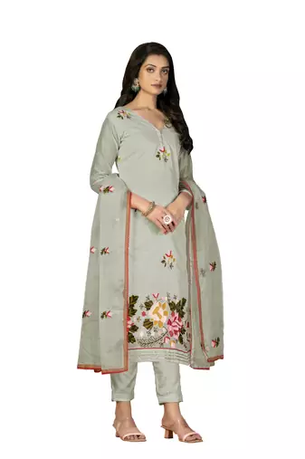 Women's light green heavy embroidery with embroidered dupatta modal silk dress material