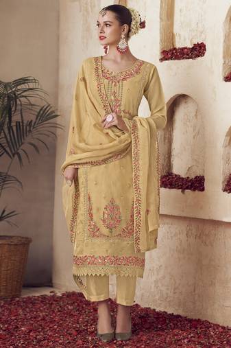 yellow organza embroidered dress material