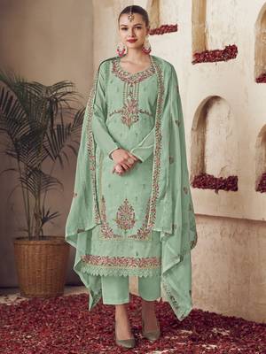 green organza embroidered dress material 1