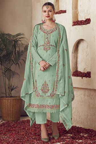 green organza embroidered dress material