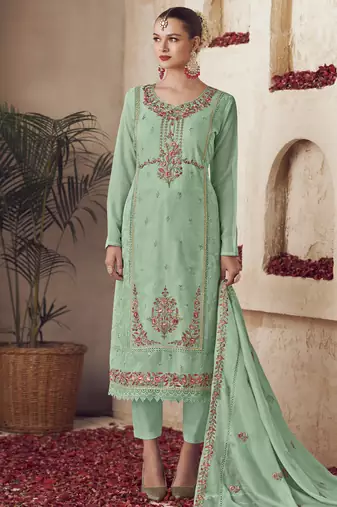 green organza embroidered dress material