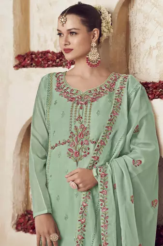 green organza embroidered dress material
