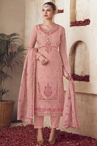 Stylee lifestyle peach organza embroidered dress material