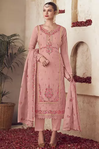Stylee lifestyle peach organza embroidered dress material