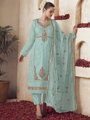 turquoise organza embroidered dress material 1