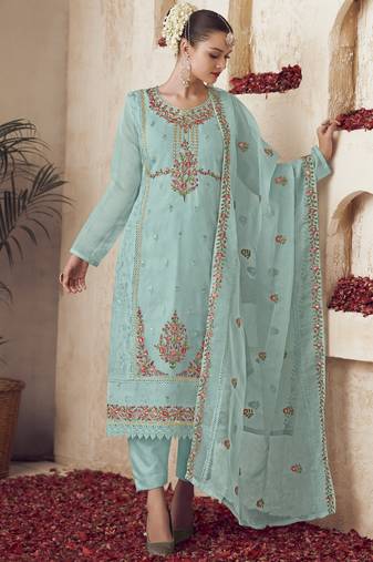 Stylee lifestyle turquoise organza embroidered dress material