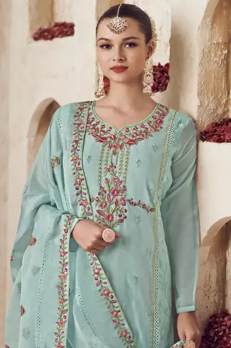 turquoise organza embroidered dress material