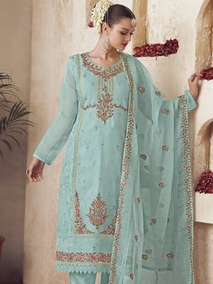 turquoise organza embroidered dress material 3