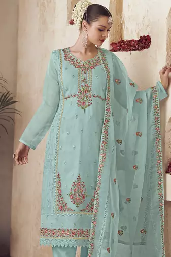 turquoise organza embroidered dress material