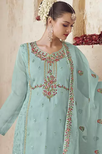 turquoise organza embroidered dress material