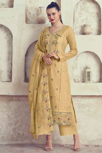 Stylee lifestyle yellow organza embroidered dress material