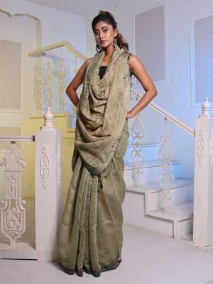 Beige Cotton Blend Handwoven Saree With Gheecha Pallu 2